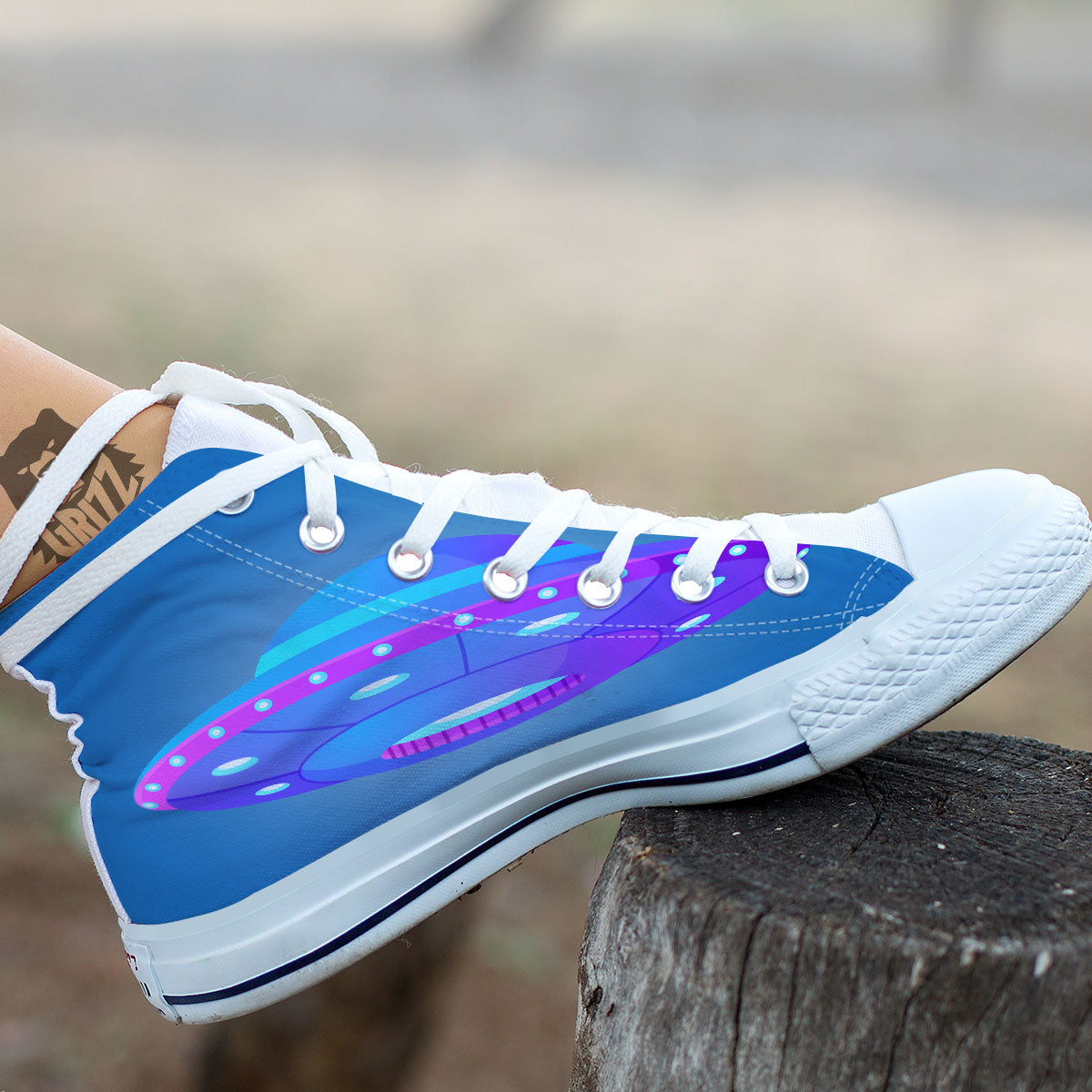 Purple Pink UFO Print White High Top Shoes-grizzshop