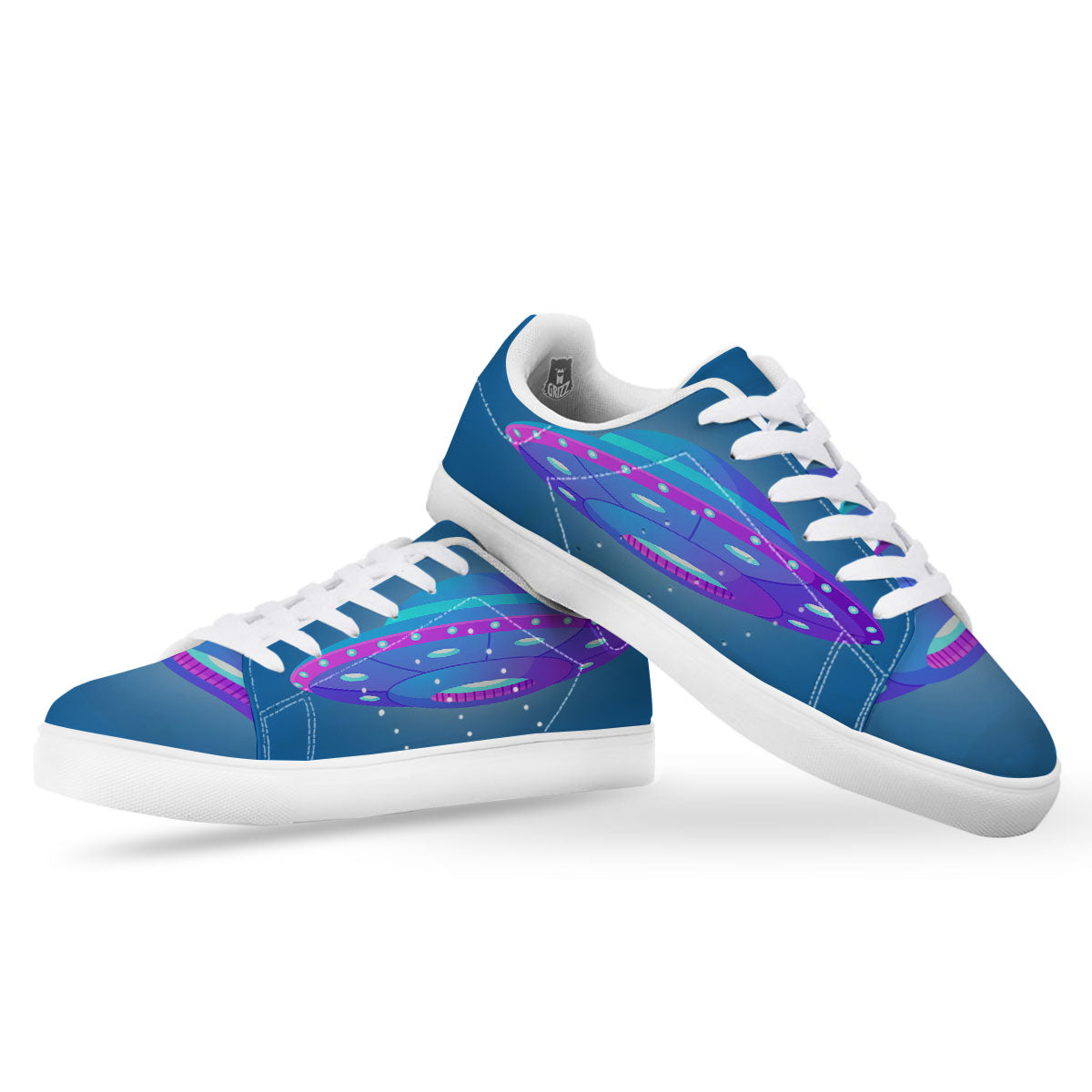 Purple Pink UFO Print White Low Top Sneakers-grizzshop