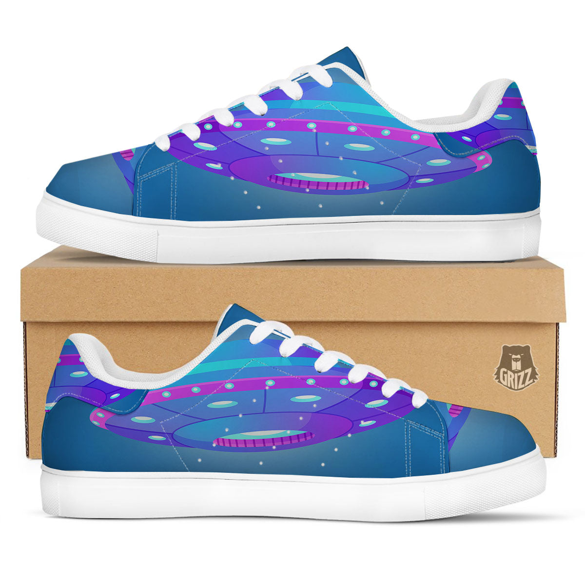 Purple Pink UFO Print White Low Top Sneakers-grizzshop