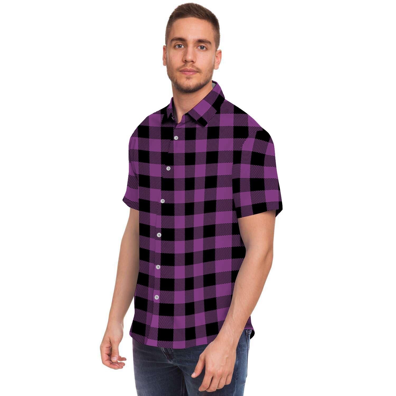 Purple Plaid Men's Short Sleeve Shirt-grizzshop