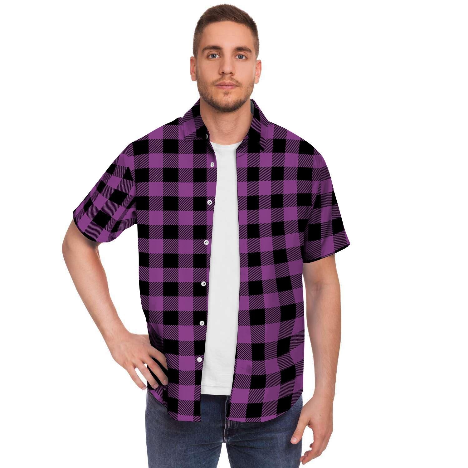 Purple Plaid Men's Short Sleeve Shirt-grizzshop