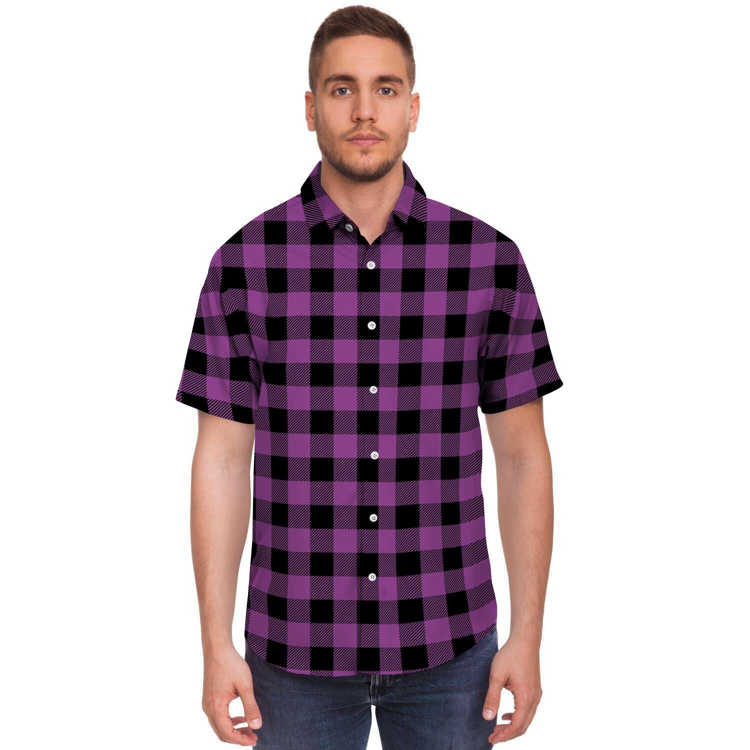 Purple Plaid Men's Short Sleeve Shirt-grizzshop