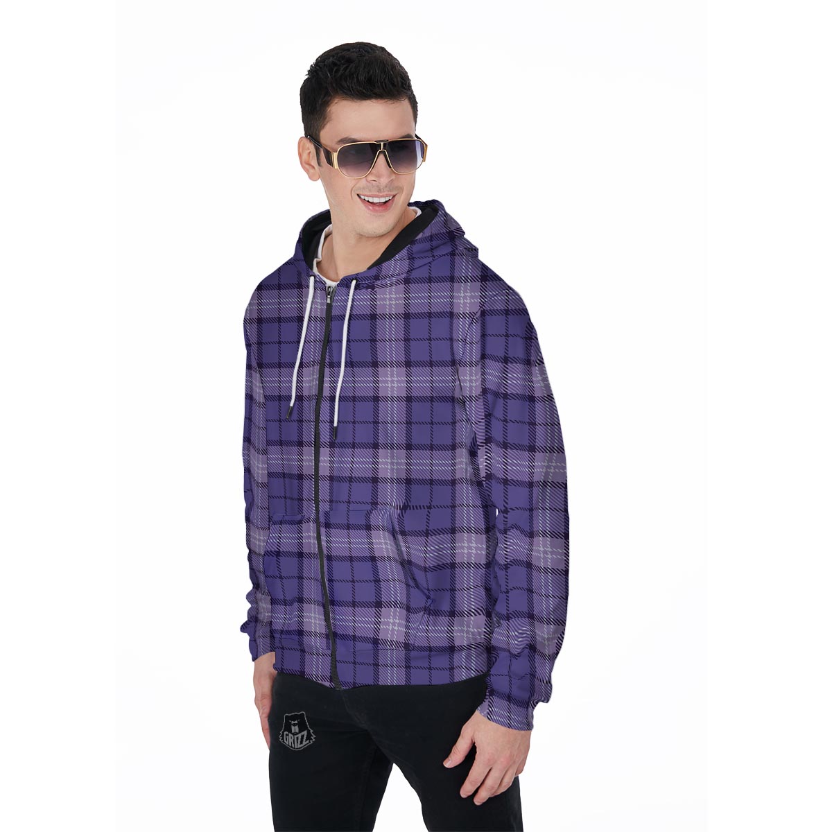 Purple Plaid Tartan Men's Zip Up Hoodie-grizzshop
