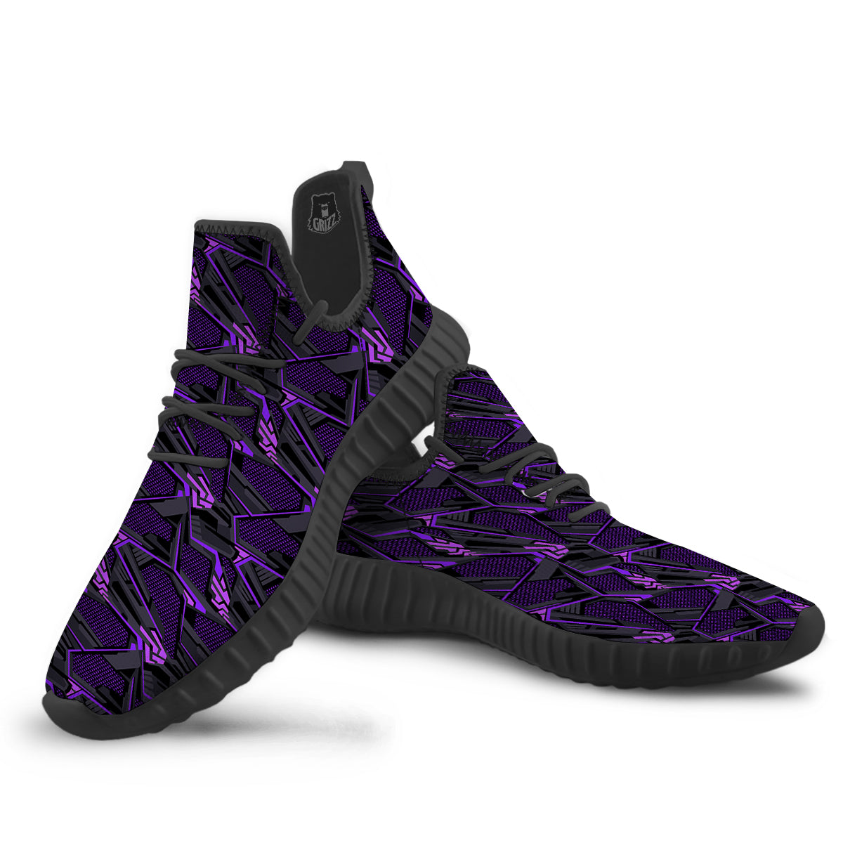 Purple Polygonal Shapes Print Black Walking Shoes-grizzshop