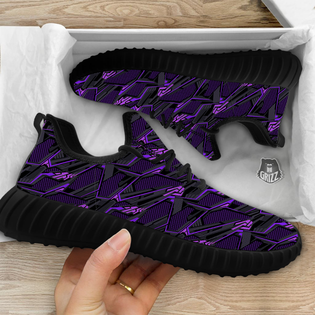 Purple Polygonal Shapes Print Black Walking Shoes-grizzshop