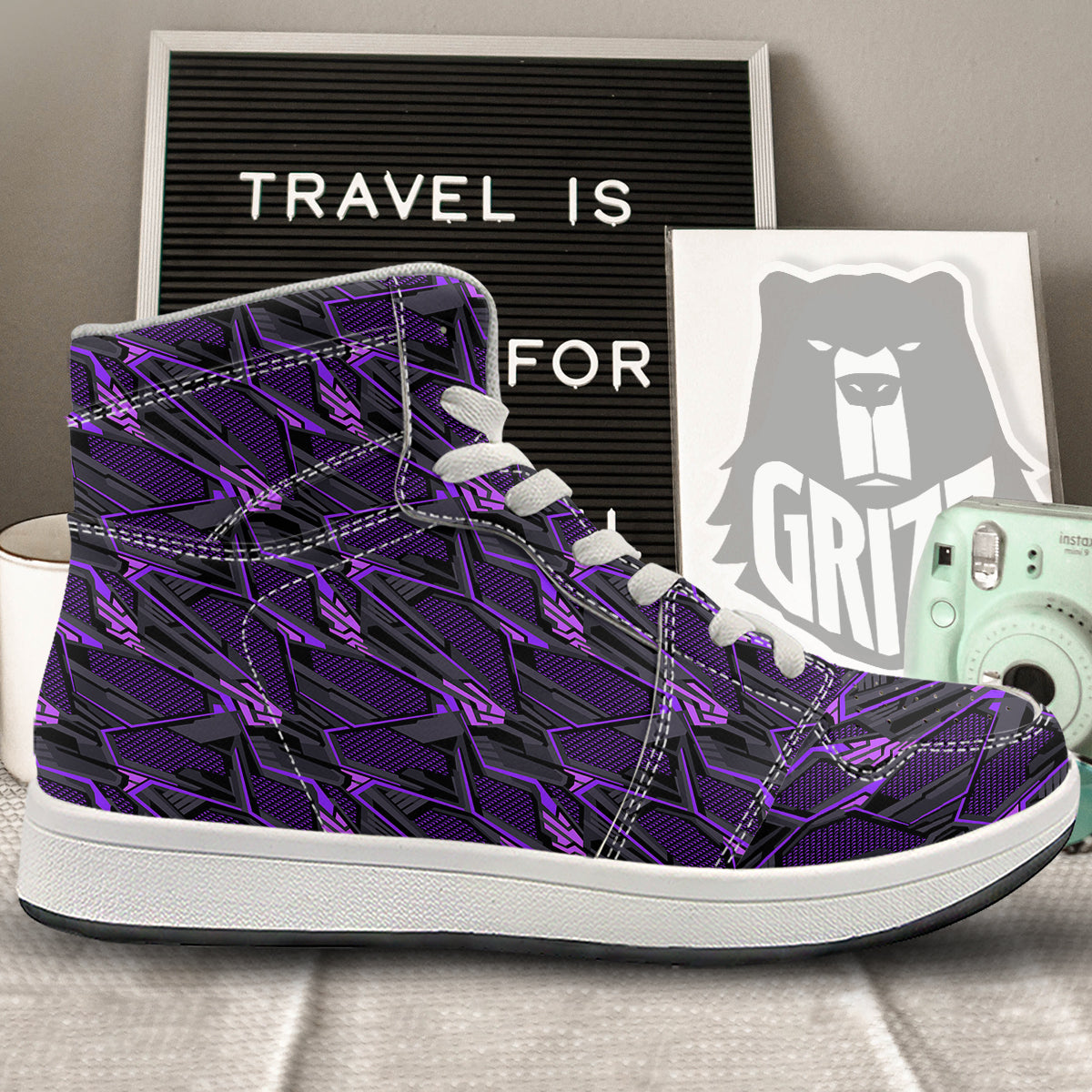 Purple Polygonal Shapes Print High Top Sneakers-grizzshop