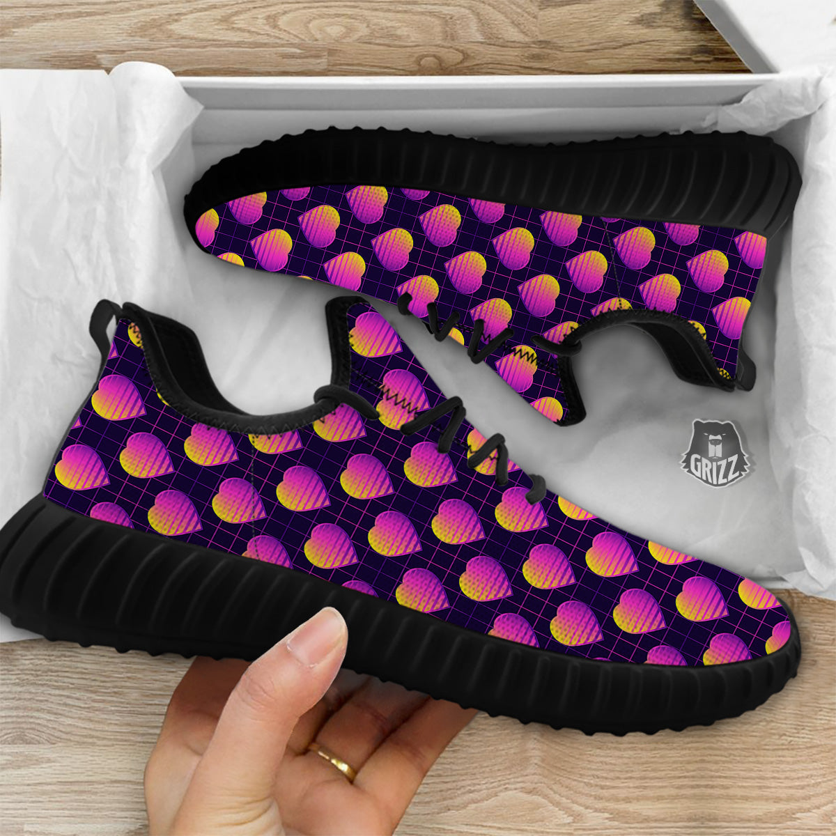 Purple Retro Heart Print Pattern Black Walking Shoes-grizzshop