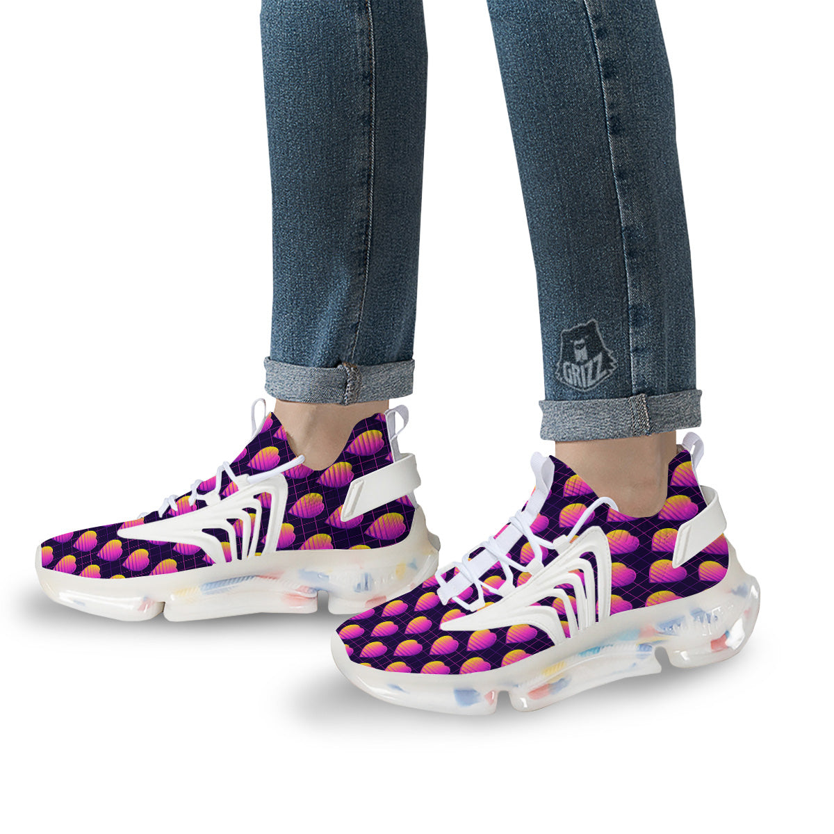 Purple Retro Heart Print Pattern White Gym Shoes-grizzshop