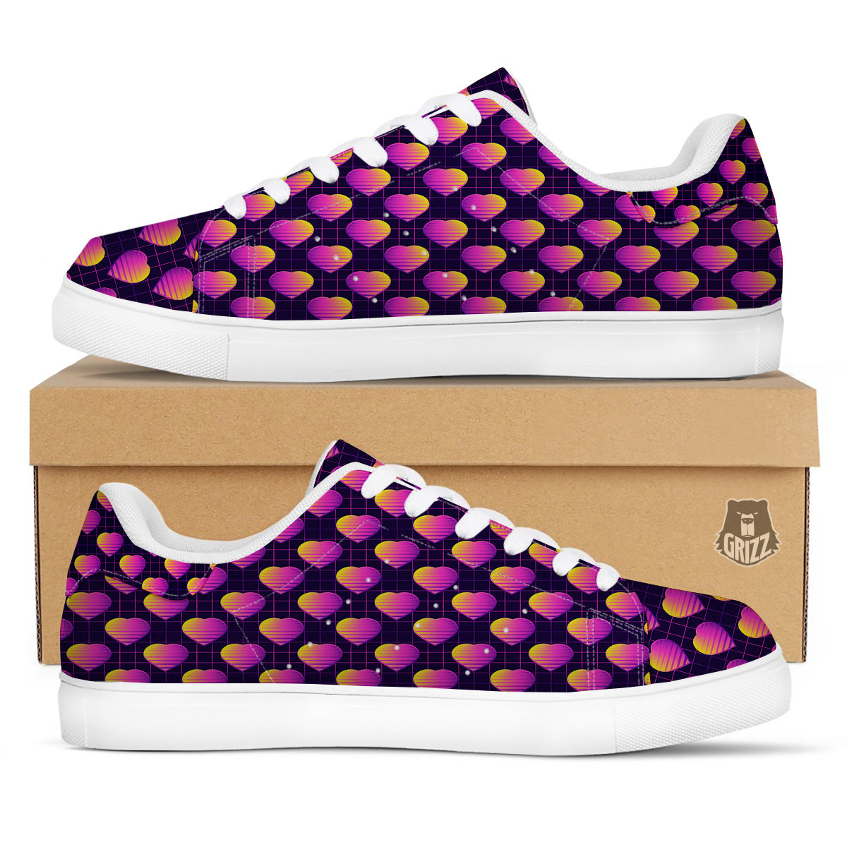 Purple Retro Heart Print Pattern White Low Top Sneakers-grizzshop