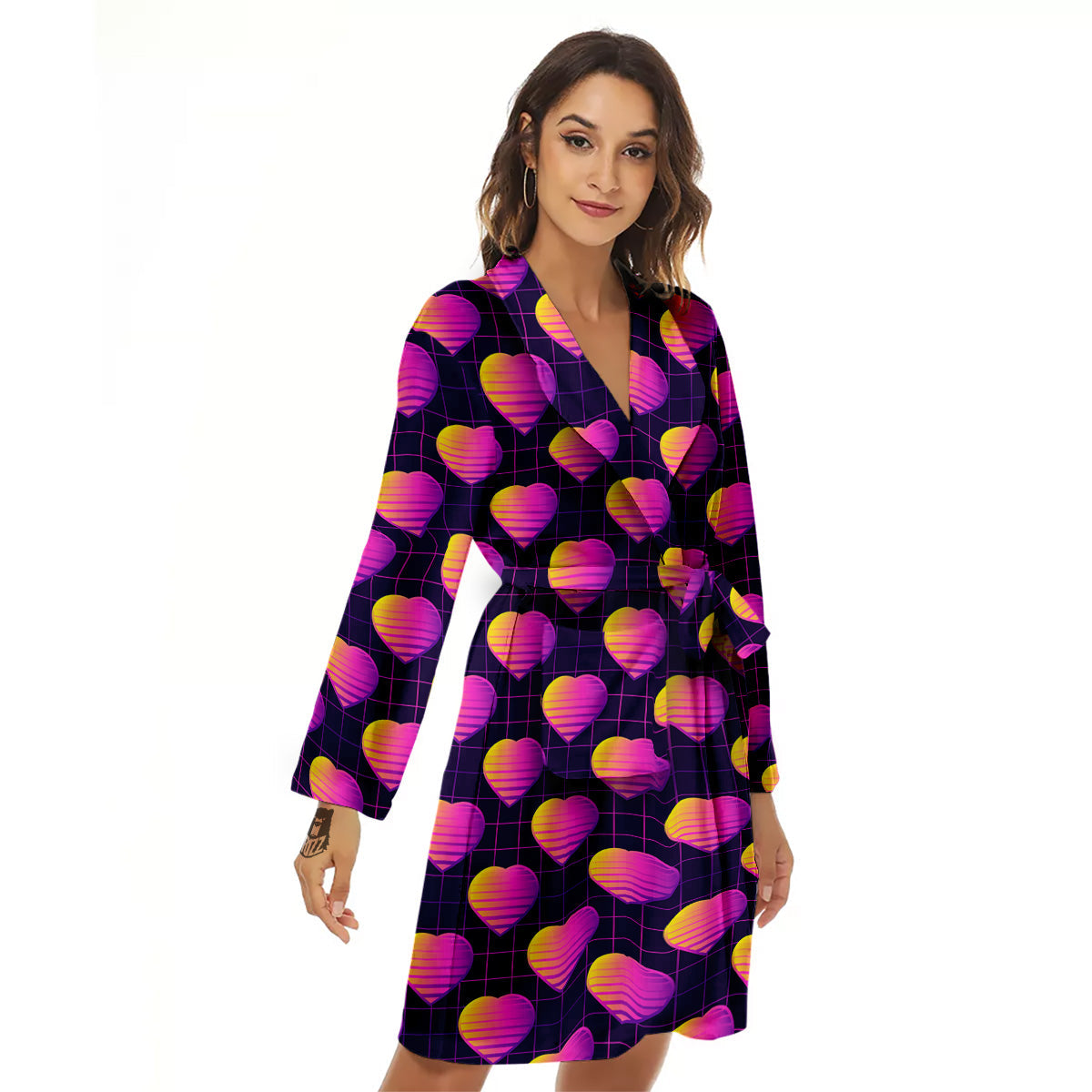 Purple Retro Heart Print Pattern Women's Robe-grizzshop