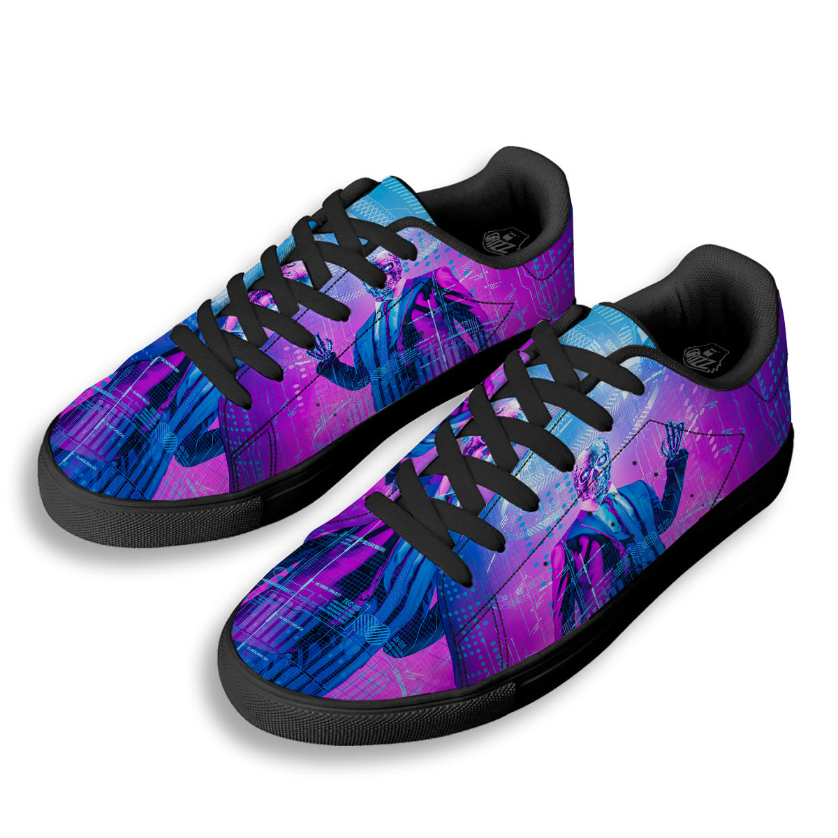 Purple Skeleton Cyber Print Black Low Top Sneakers-grizzshop