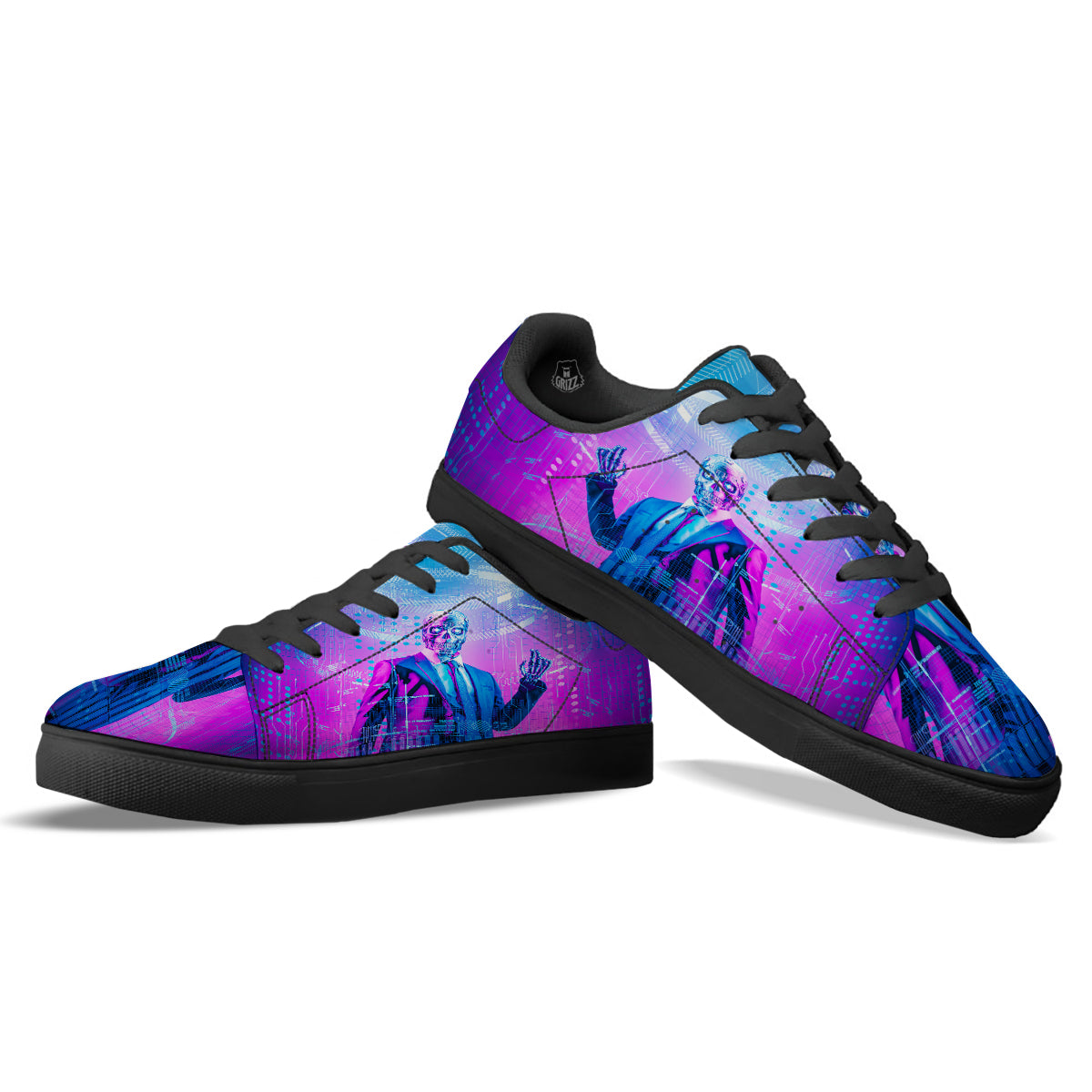 Purple Skeleton Cyber Print Black Low Top Sneakers-grizzshop