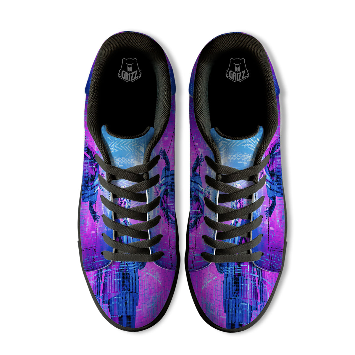 Purple Skeleton Cyber Print Black Low Top Sneakers-grizzshop