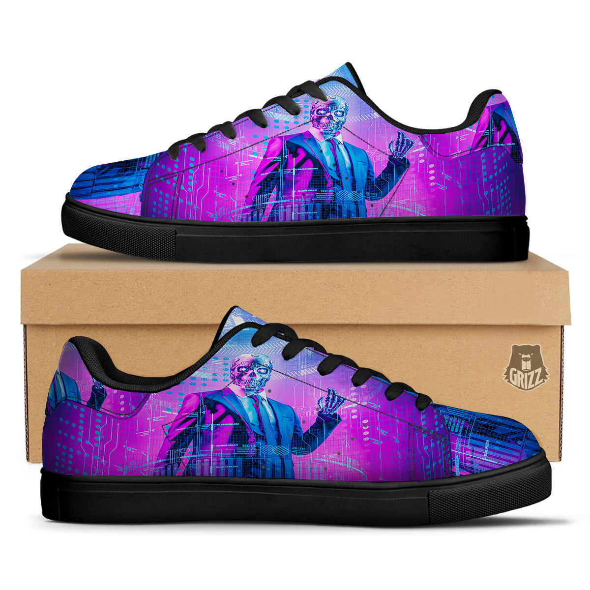 Purple Skeleton Cyber Print Black Low Top Sneakers-grizzshop