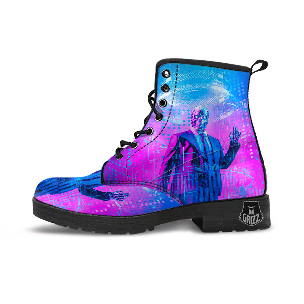 Purple Skeleton Cyber Print Leather Boots-grizzshop