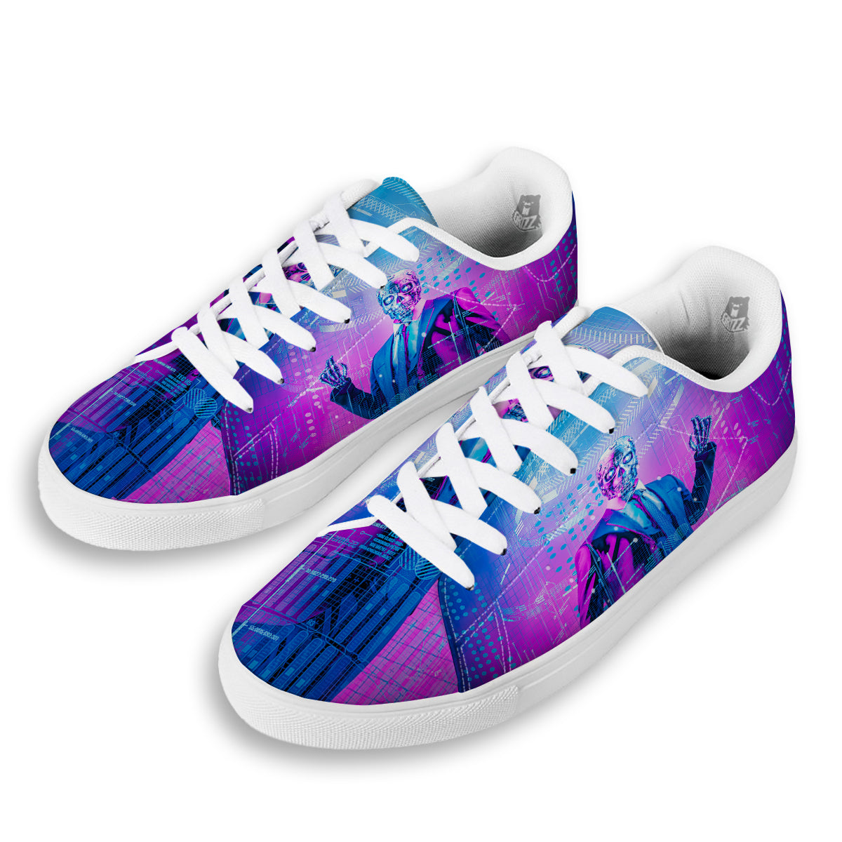 Purple Skeleton Cyber Print White Low Top Sneakers-grizzshop