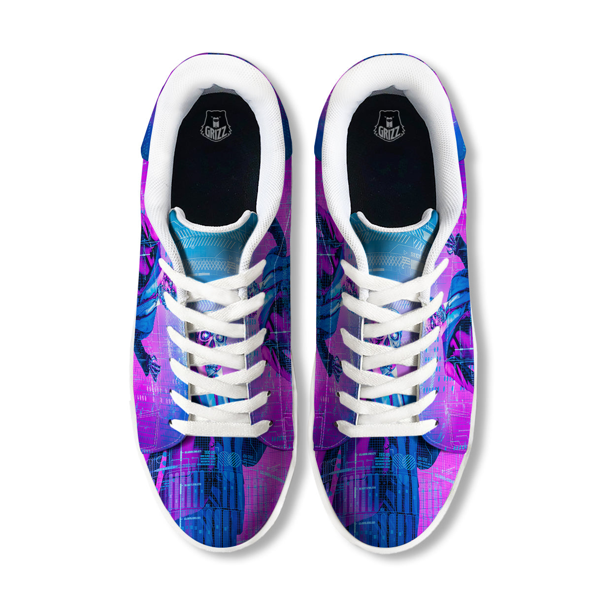Purple Skeleton Cyber Print White Low Top Sneakers-grizzshop