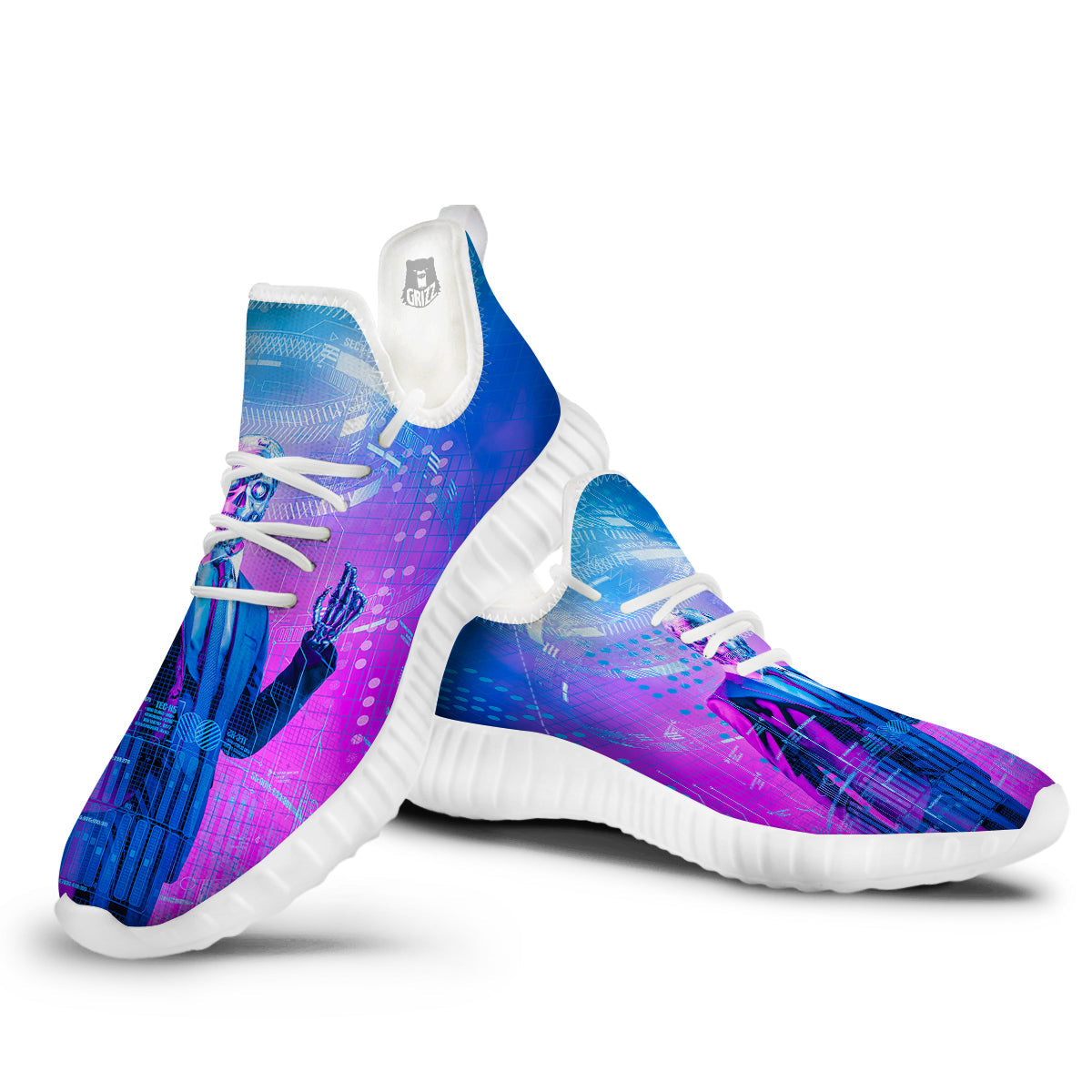 Purple Skeleton Cyber Print White Walking Shoes-grizzshop