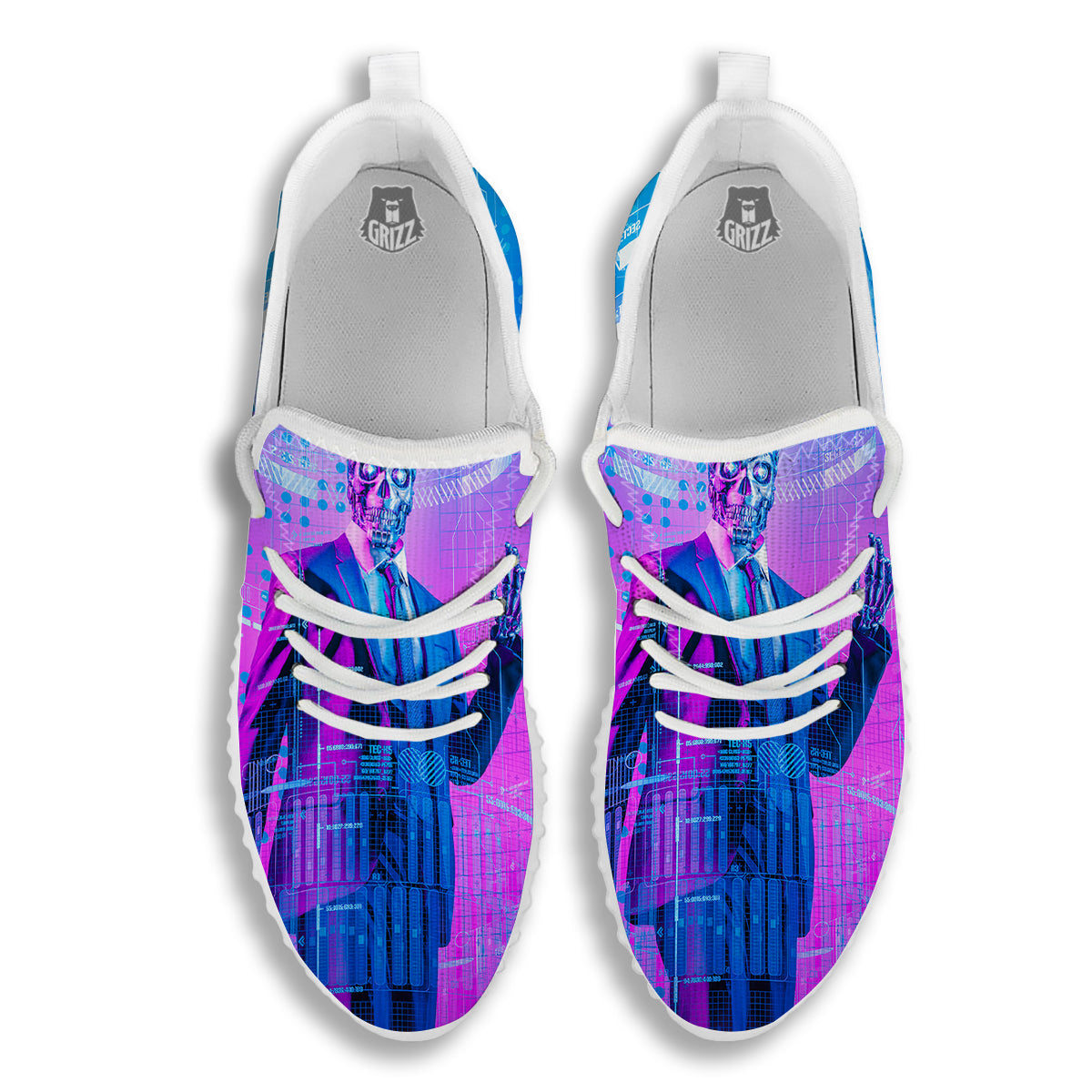 Purple Skeleton Cyber Print White Walking Shoes-grizzshop