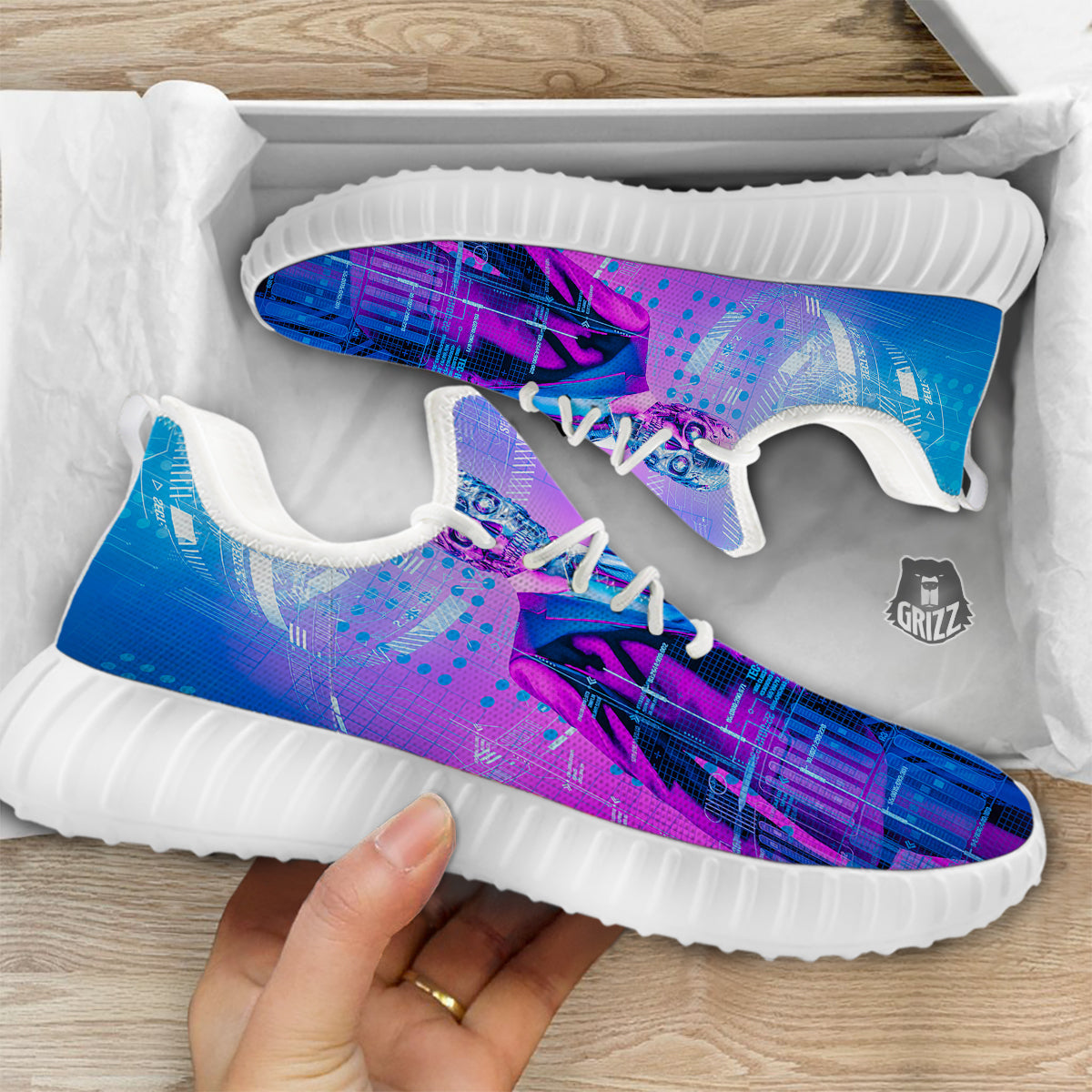 Purple Skeleton Cyber Print White Walking Shoes-grizzshop