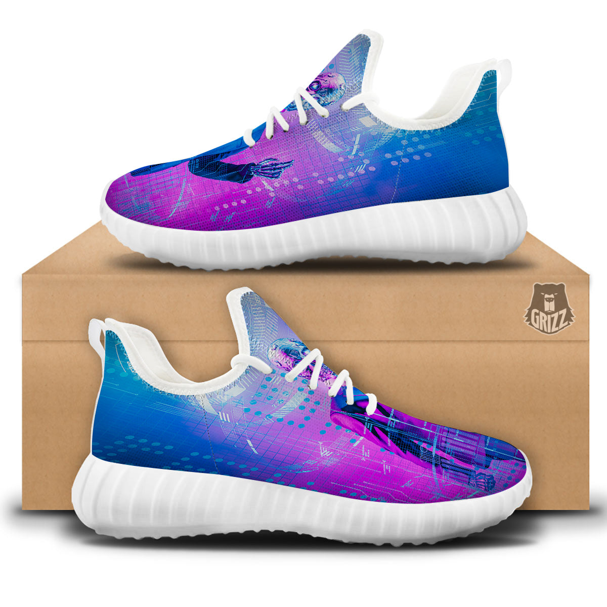 Purple Skeleton Cyber Print White Walking Shoes-grizzshop