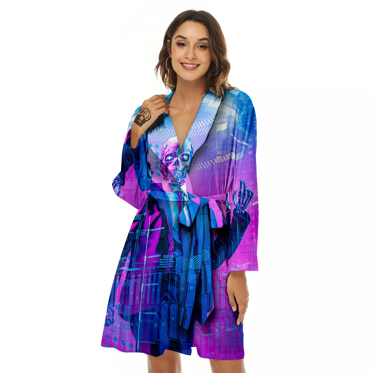 Purple Skeleton Cyber Print Women's Robe-grizzshop