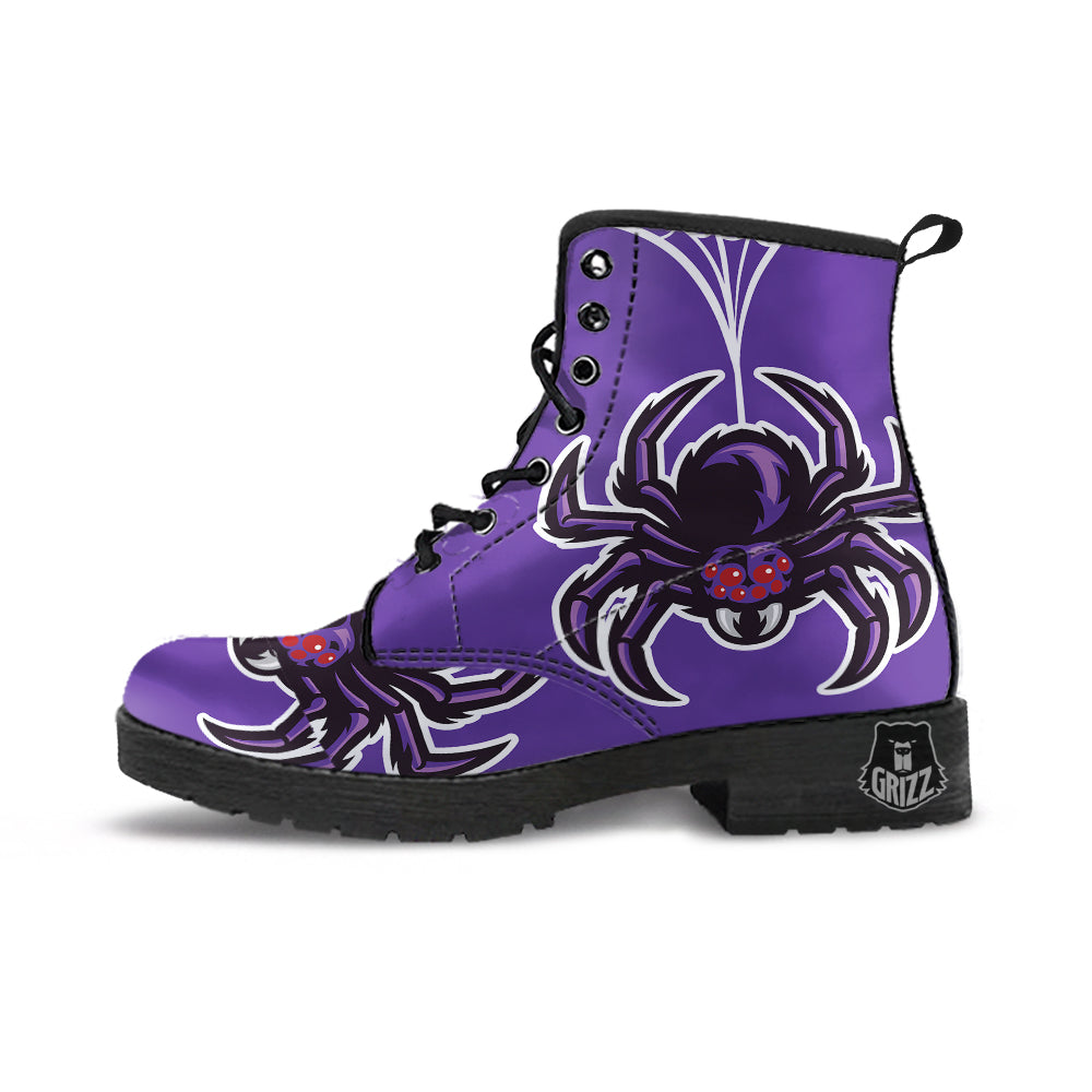 Purple Spider Print Leather Boots-grizzshop