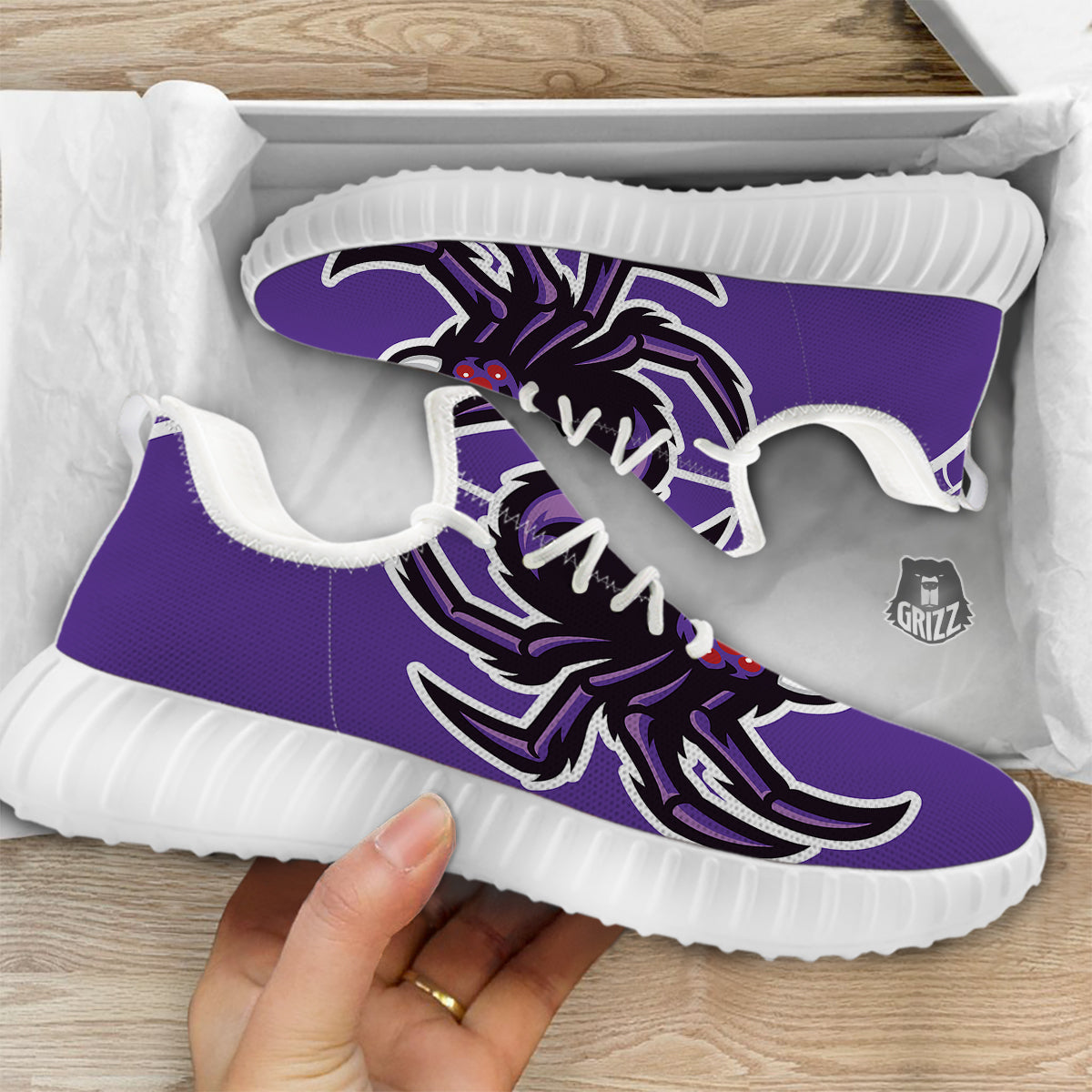 Purple Spider Print White Walking Shoes-grizzshop