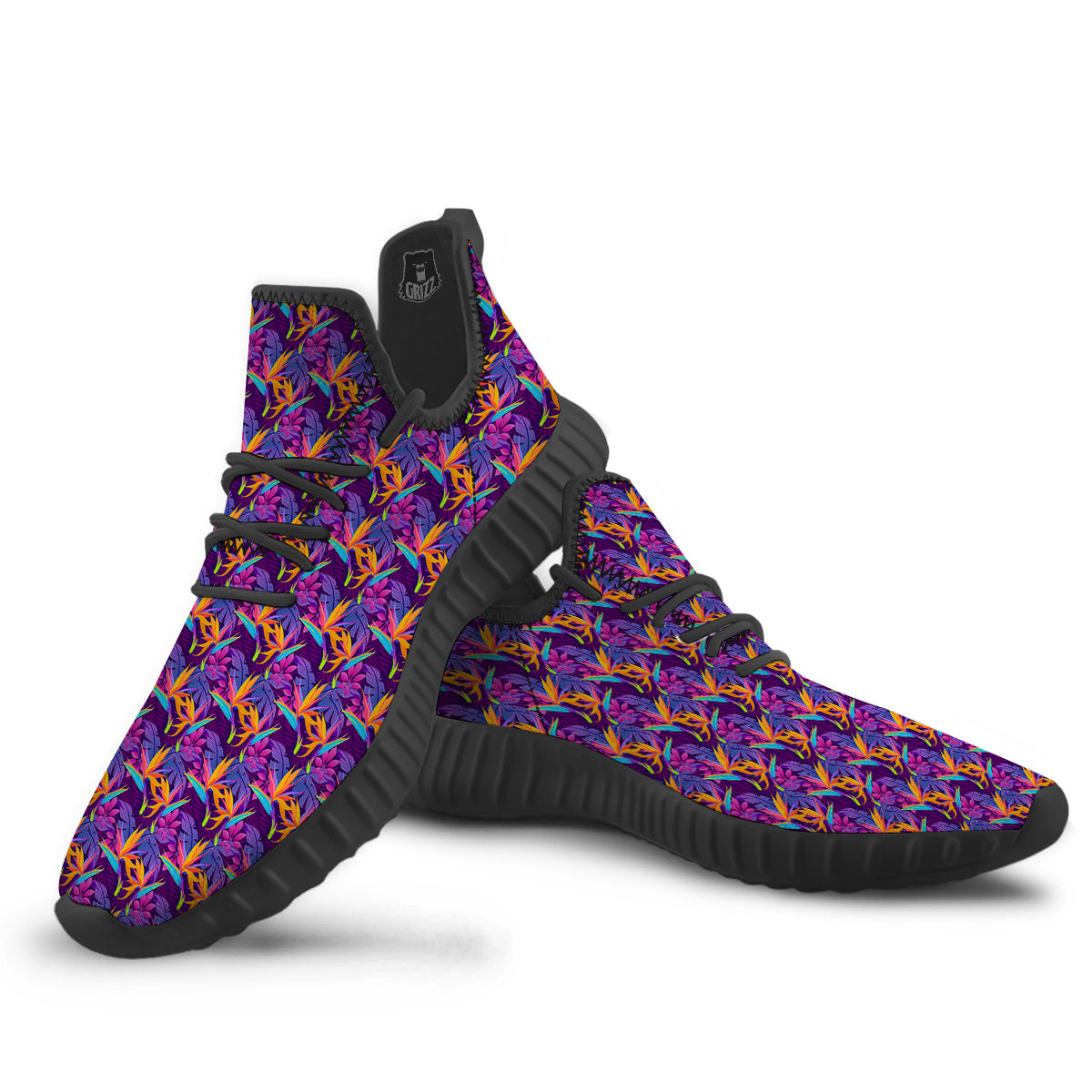 Purple Tropical Leaves Print Pattern Black Walking Shoes-grizzshop