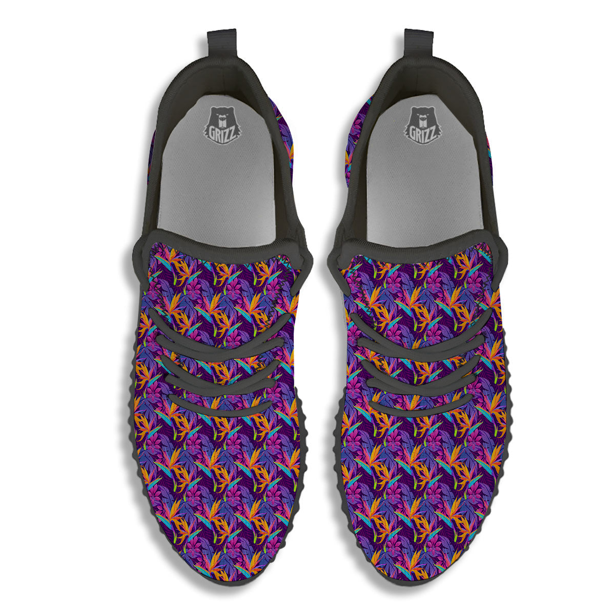 Purple Tropical Leaves Print Pattern Black Walking Shoes-grizzshop
