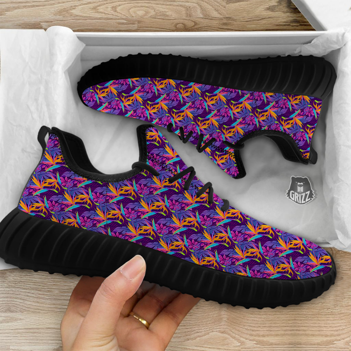Purple Tropical Leaves Print Pattern Black Walking Shoes-grizzshop