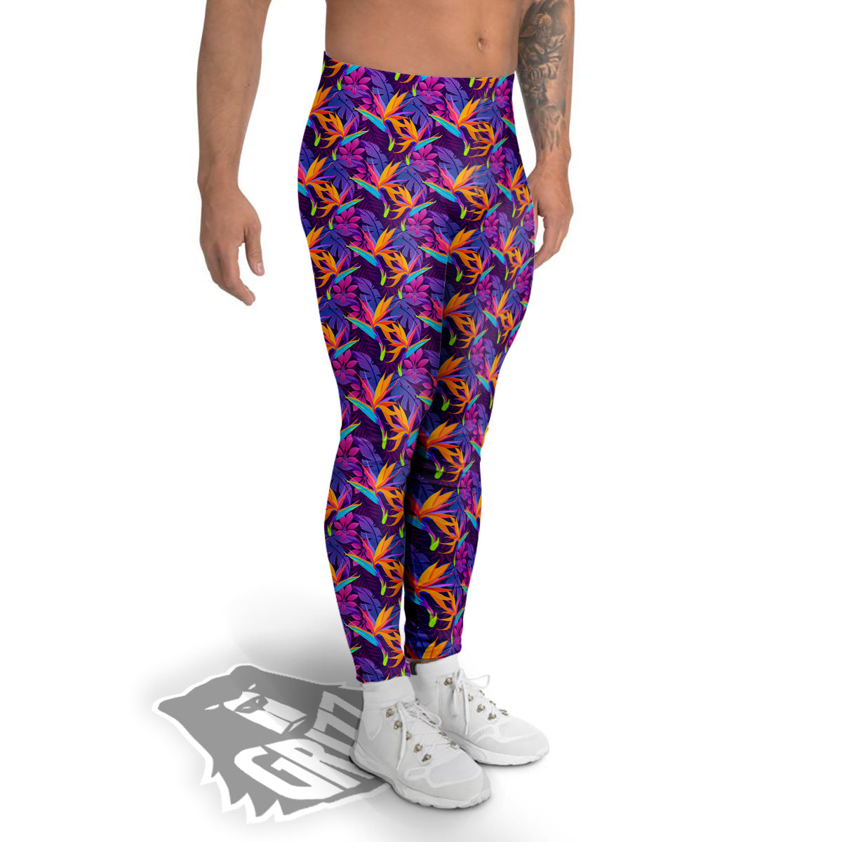 Purple Tropical Leaves Print Pattern Men's Leggings-grizzshop