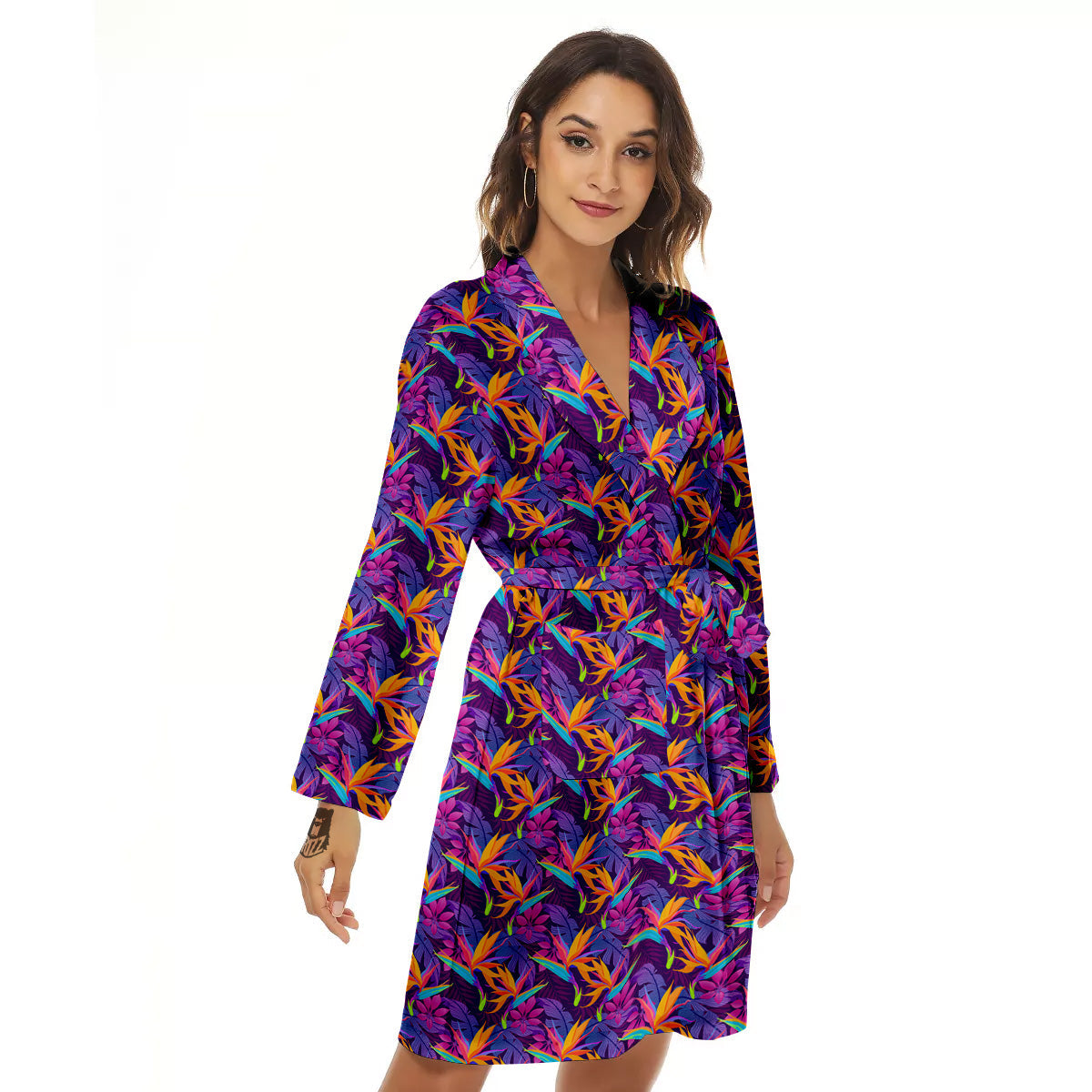 Purple Tropical Leaves Print Pattern Women's Robe-grizzshop