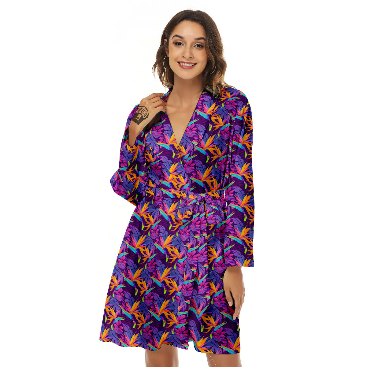 Purple Tropical Leaves Print Pattern Women's Robe-grizzshop