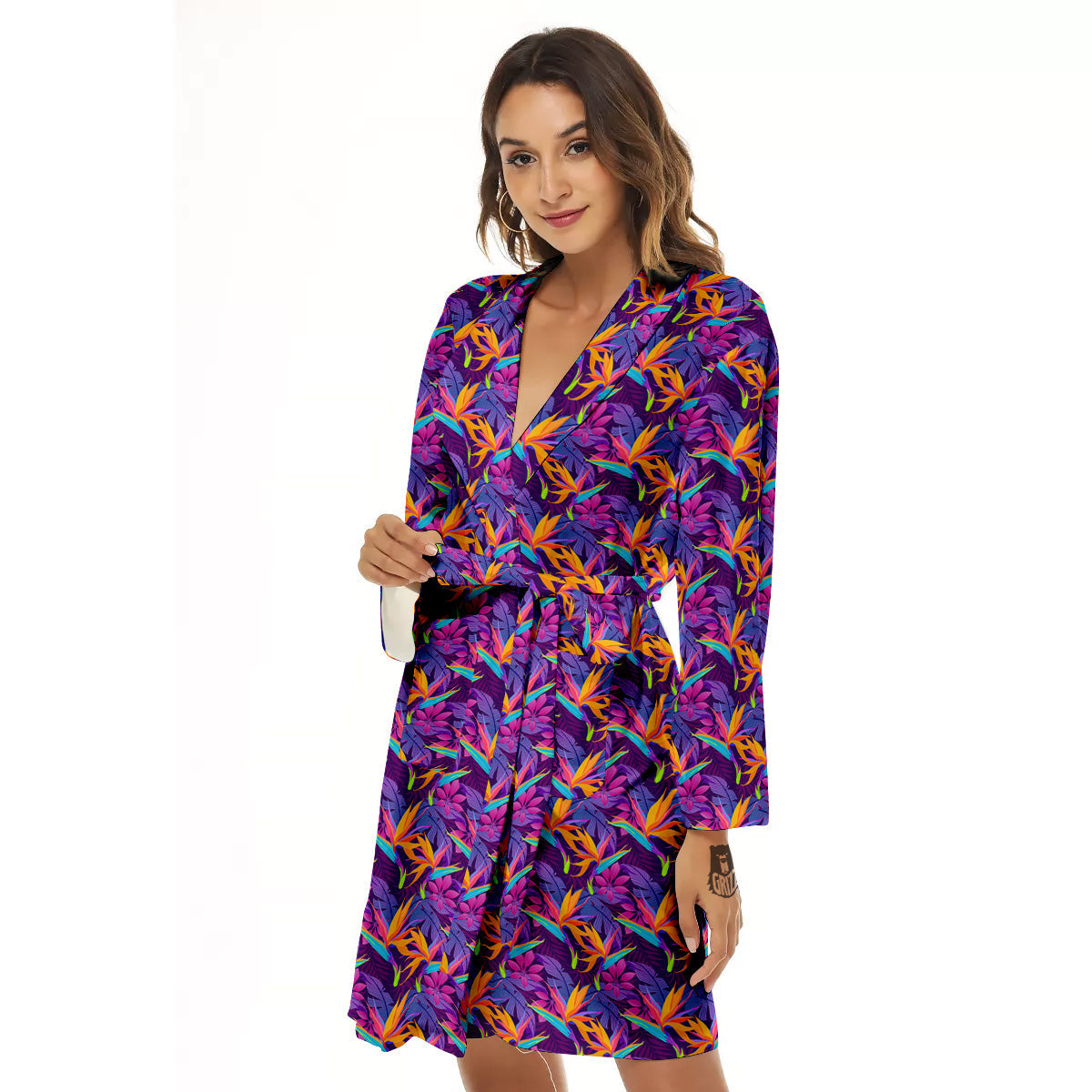 Purple Tropical Leaves Print Pattern Women's Robe-grizzshop