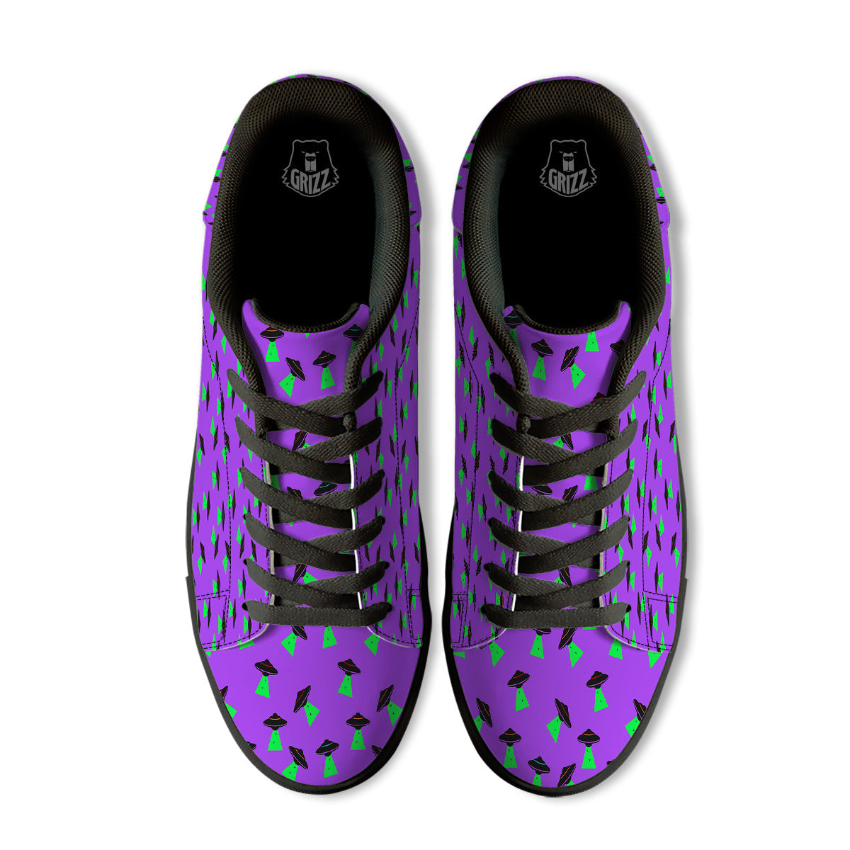 Purple UFO Alien Spaceship Print Pattern Black Low Top Sneakers-grizzshop