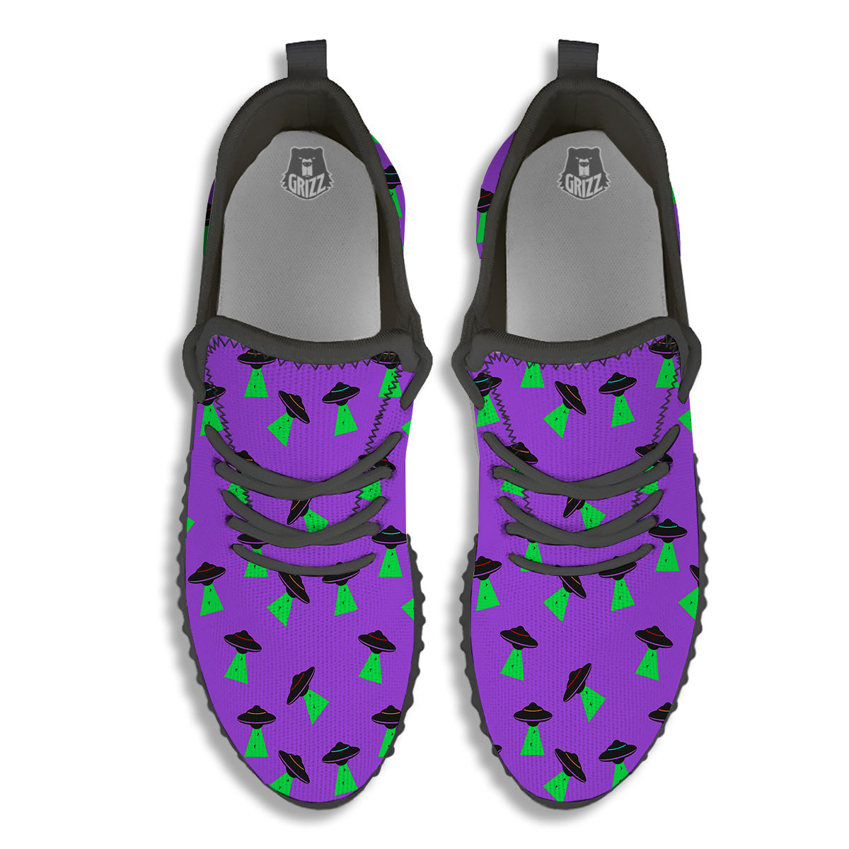 Purple UFO Alien Spaceship Print Pattern Black Walking Shoes-grizzshop