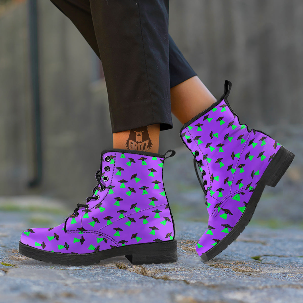 Purple UFO Alien Spaceship Print Pattern Leather Boots-grizzshop