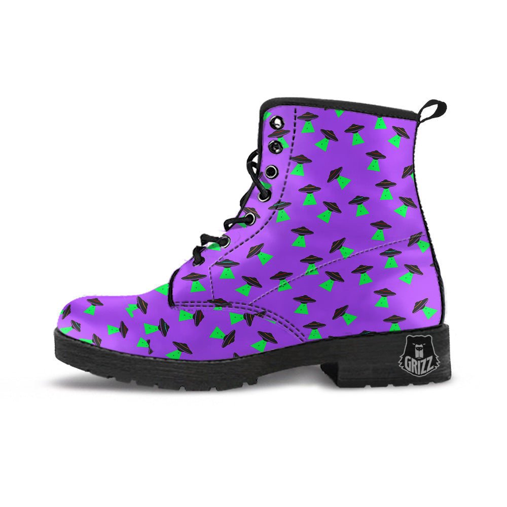 Purple UFO Alien Spaceship Print Pattern Leather Boots-grizzshop