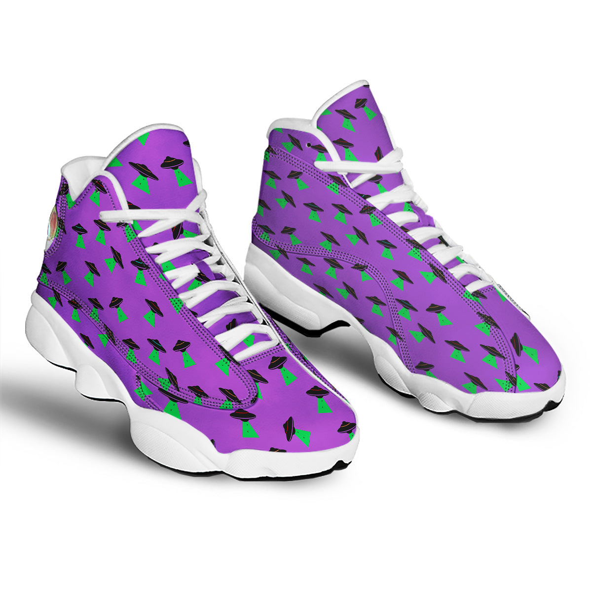 Purple UFO Alien Spaceship Print Pattern White Basketball Shoes-grizzshop
