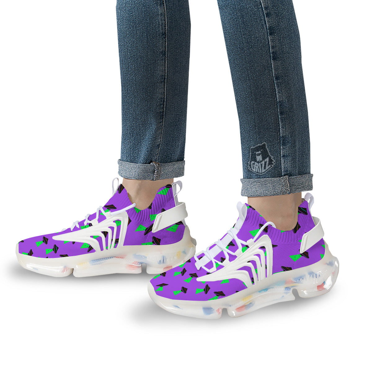 Purple UFO Alien Spaceship Print Pattern White Gym Shoes-grizzshop