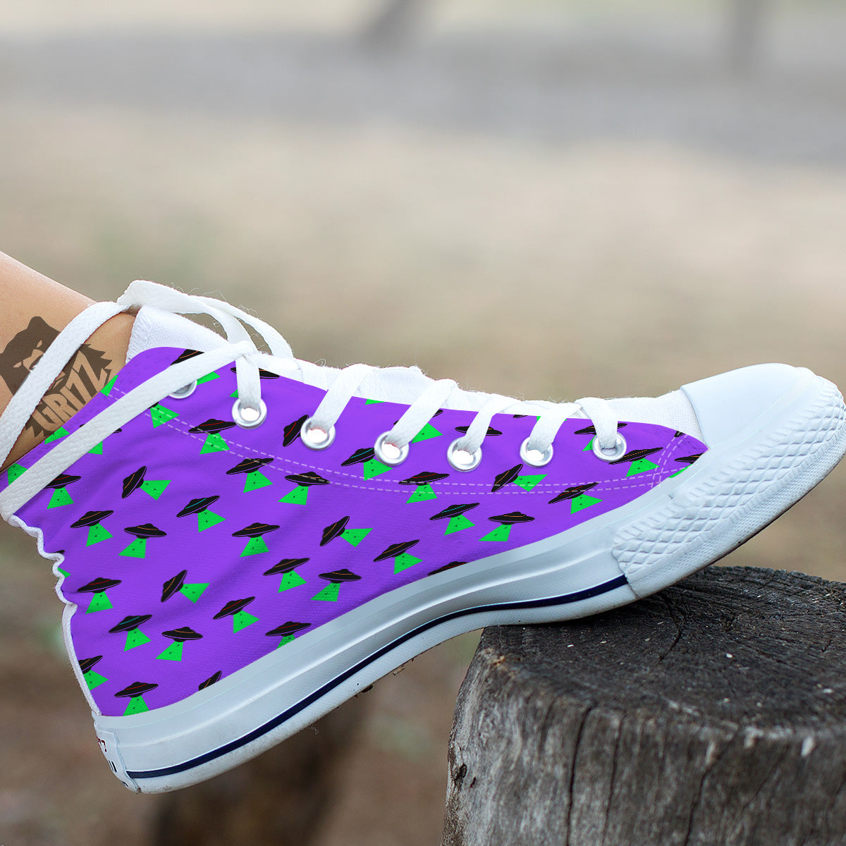 Purple UFO Alien Spaceship Print Pattern White High Top Shoes-grizzshop