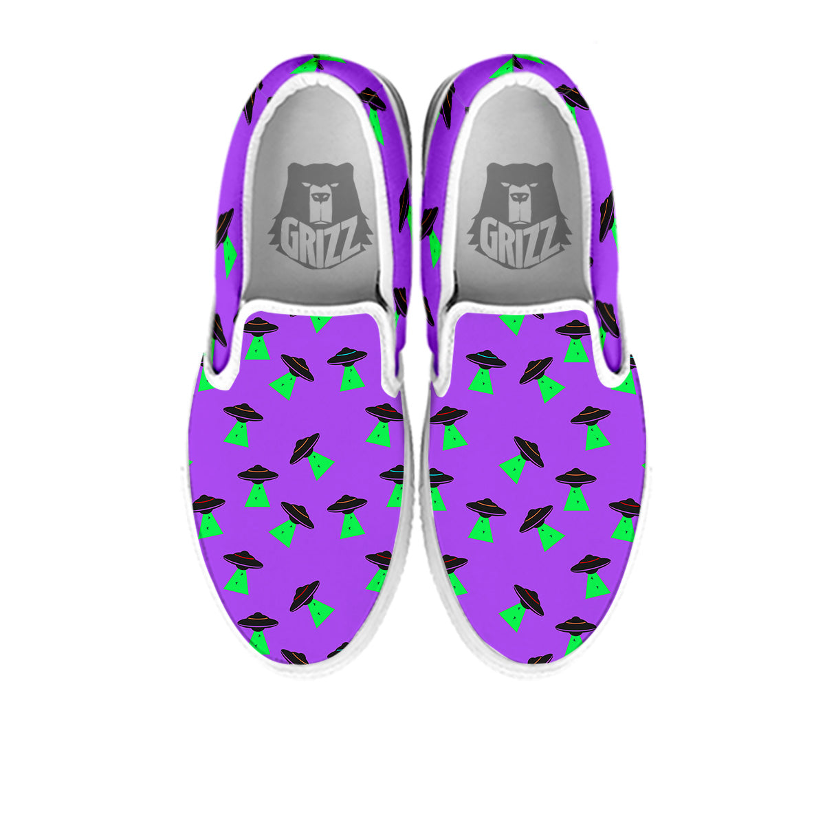 Purple UFO Alien Spaceship Print Pattern White Slip On Shoes-grizzshop
