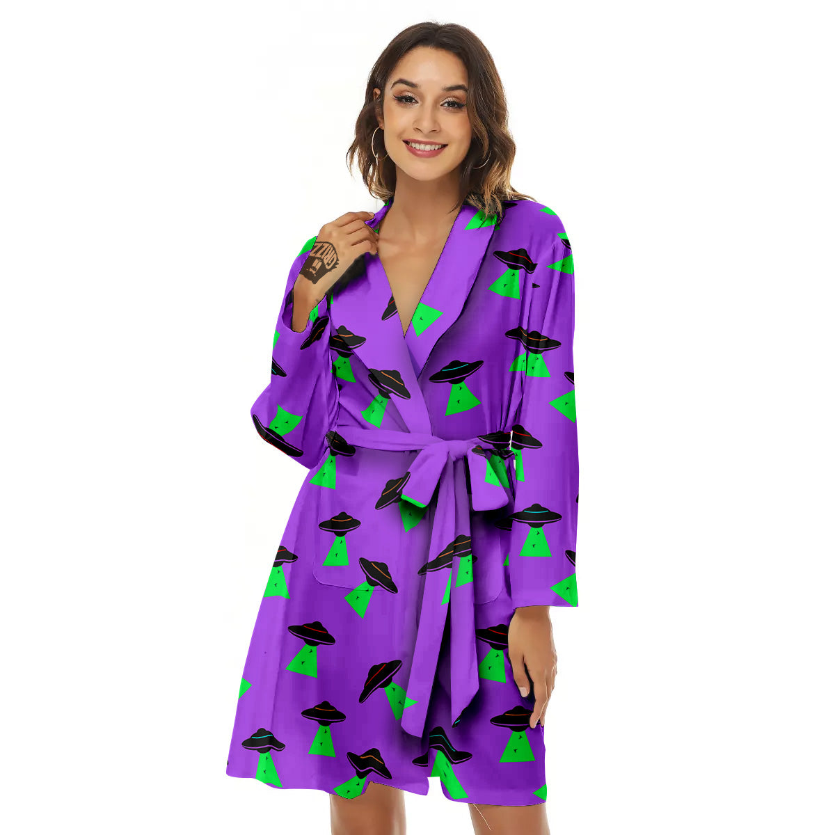 Purple UFO Alien Spaceship Print Pattern Women's Robe-grizzshop