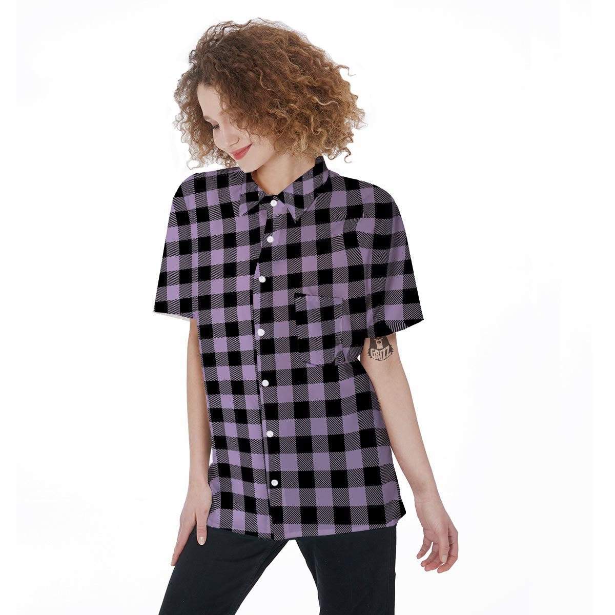 Purple Violet Plaid Women's Short Sleeve Shirts-grizzshop