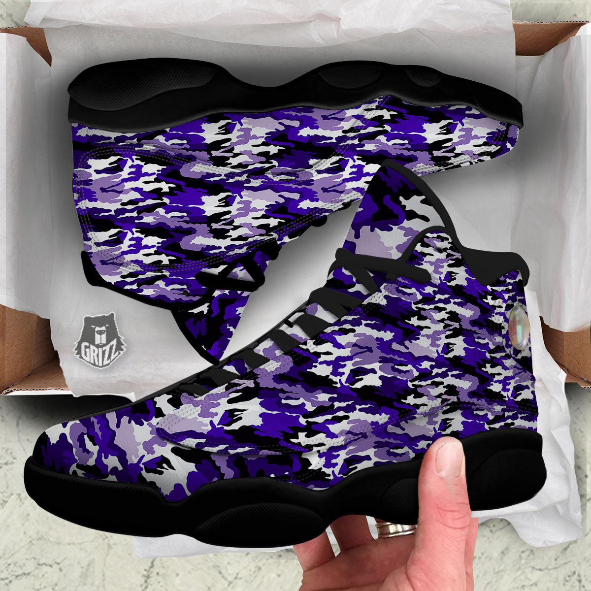 Purple White Abstract Camouflage Print Black Basketball Shoes-grizzshop