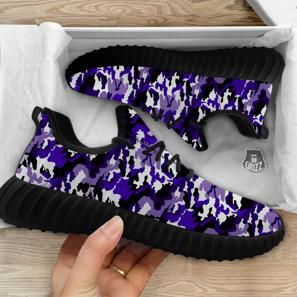 Purple White Abstract Camouflage Print Black Walking Shoes-grizzshop