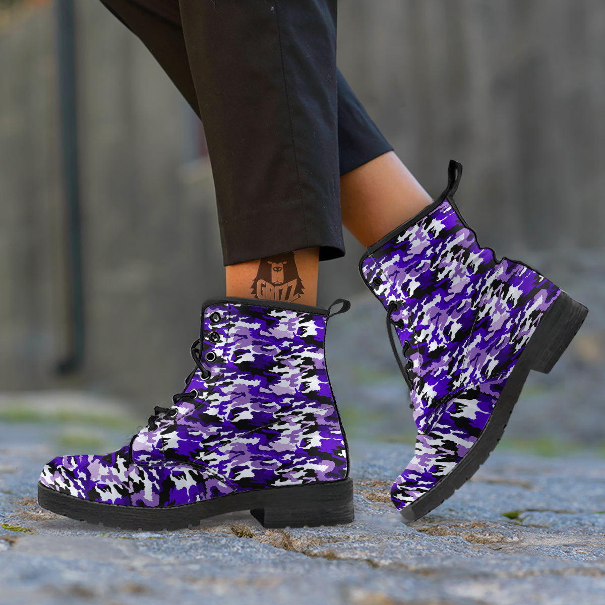 Purple White Abstract Camouflage Print Leather Boots-grizzshop