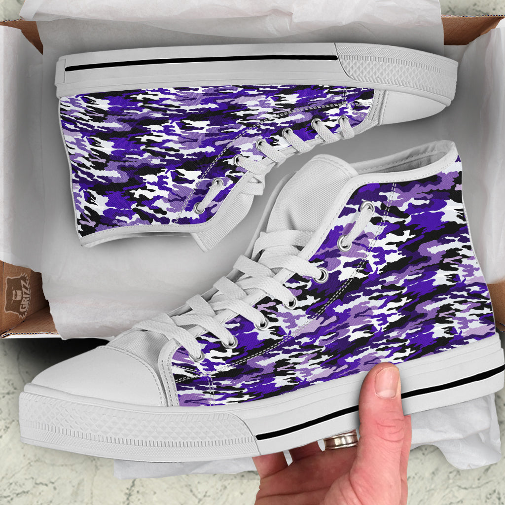Purple White Abstract Camouflage Print White High Top Shoes-grizzshop