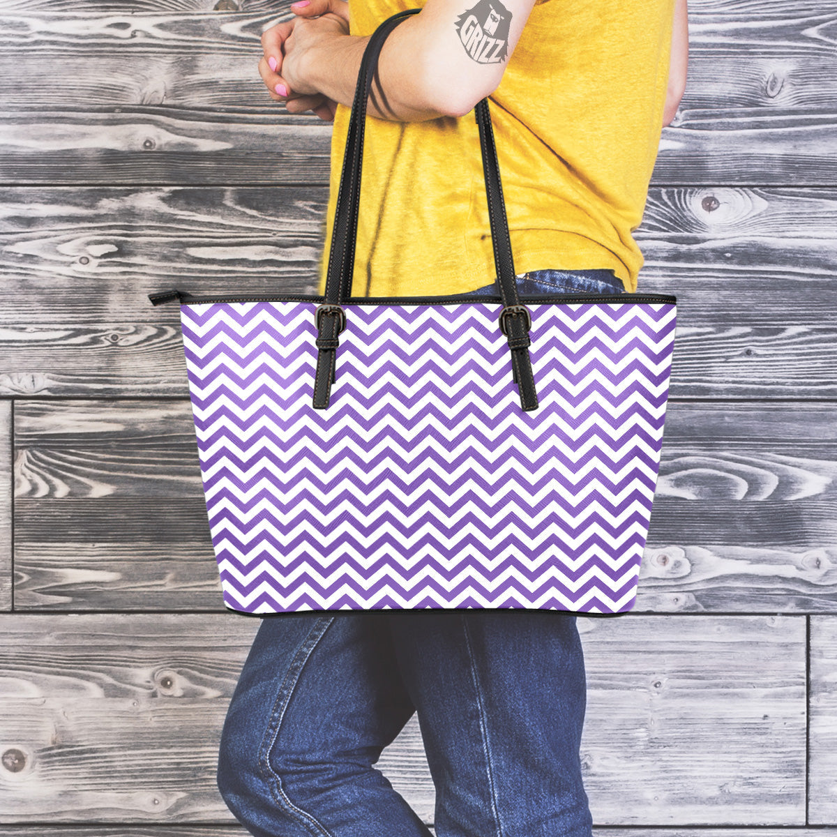Purple Zigzag Print Pattern Leather Tote Bag-grizzshop